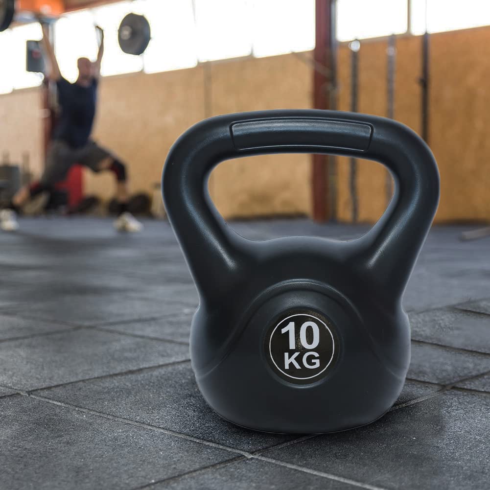 BAKAJI Kettlebell 10 Kg di Peso in PVC e Cemento per Palestra, Fitness, Riabilitazione, Esercizio, Allenamento Forza, Impugnatura Ergonomica Anti-Scivolamento, Fondo Piatto per Maggiore Stabilità