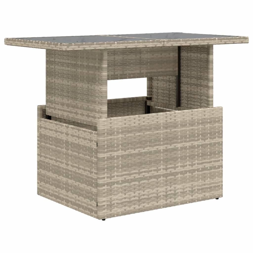 vidaXL Garden Table with Glass Top, Side Table for Dinner Coffee Decorative, Dining Table for Outdoor Patio Terrace Balcony, Light Grey Poly Rattan