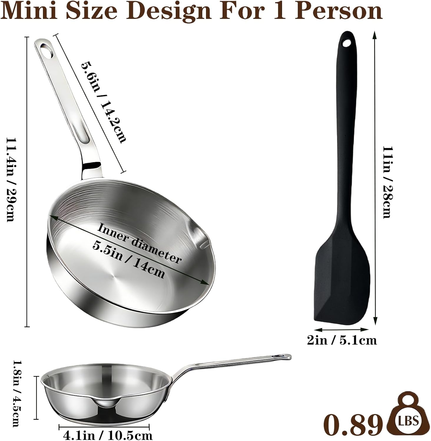 Stainless Steel Egg Pan, 5.5Inch Omelet Pan Sauce Pan Mini Skillet Frying Pan with Spout for Butter Warmer Small Pot Cooking with 11" Scraper, Dishwasher Safe
