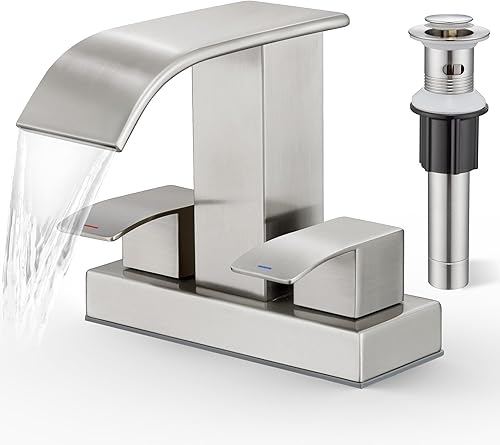 Miniatura 1 de Grifo de baño de cascada de 2 manijas de níquel cepillado con drenaje desplegable, grifo de 2 agujeros para fregadero central de 4 pulgadas, grifo