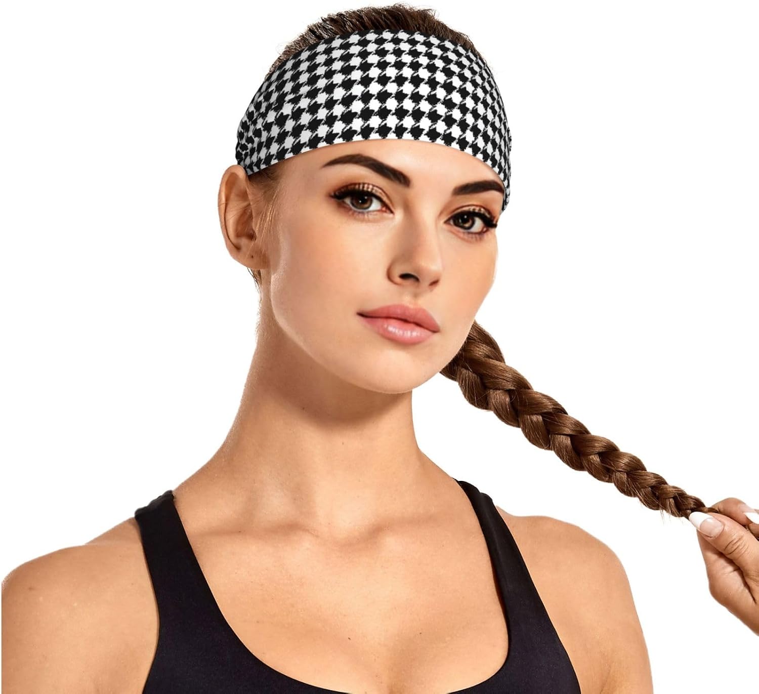 Houndstooth Black Elastic Exercise Headband – Soft Sweat Throw for Yoga & Running