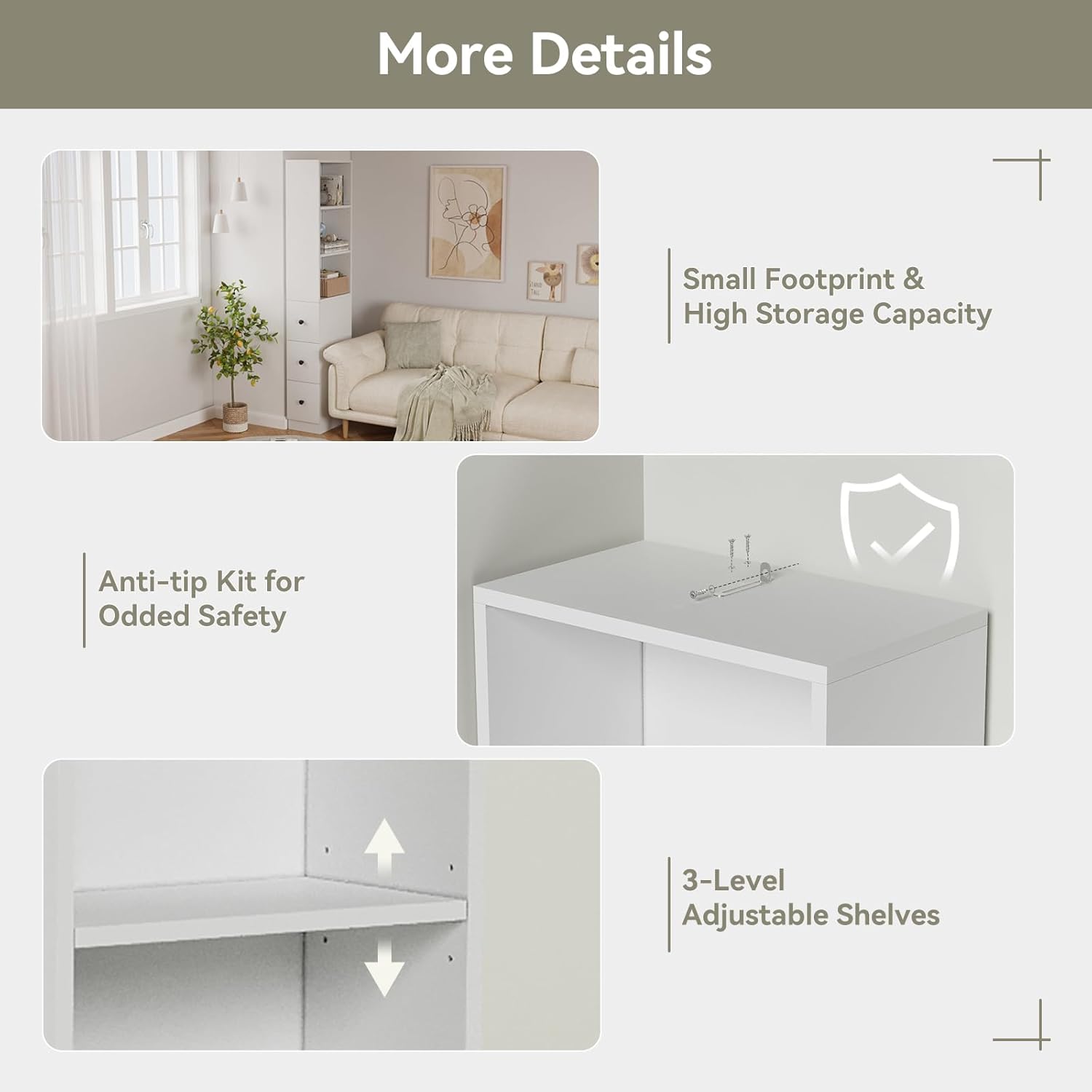 ARTETHYS Storage Cabinet Tall Narrow Bathroom Organizer with 3-Level Adjustable Shelves Slim Free Standing Space Saver for Living Room Kitchen, Classic White
