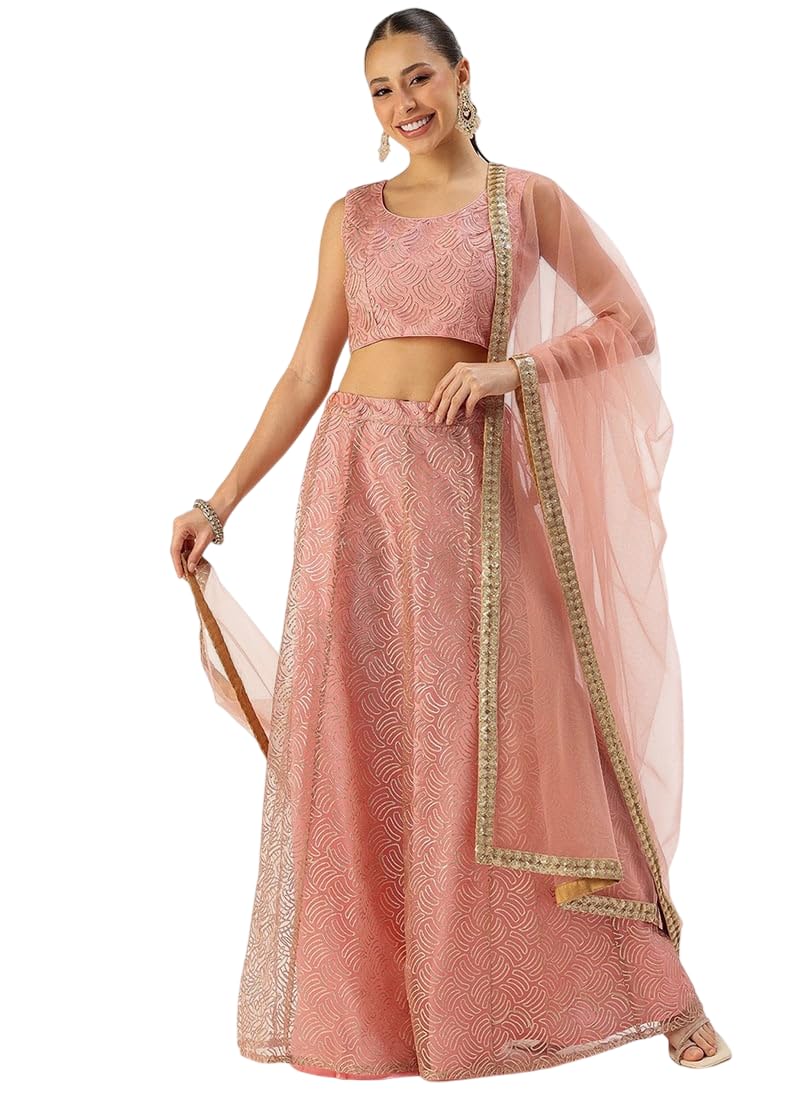 Women's Pink Net Embroidered Kali Lehenga-picture-33