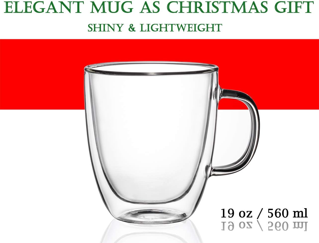 Glass Coffee Mug Set of 2 - Double Wall Clear Espresso Cup with Large Handle, Great for Latte, Cappuccino and Juice, 19 Ounce (560 ml), BE026 - Image 3