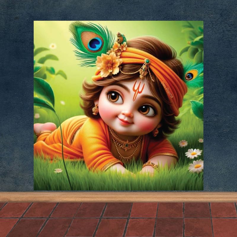 Image of British Terminal Cute little Bal Gopal Baby God Krishna| Kanha Ji | Laddu Lord Makhan Chor Painting Religious Poster for Pregnant Women for wall (matt thin vinyl,sticker,multicolor,unframed)| bj162