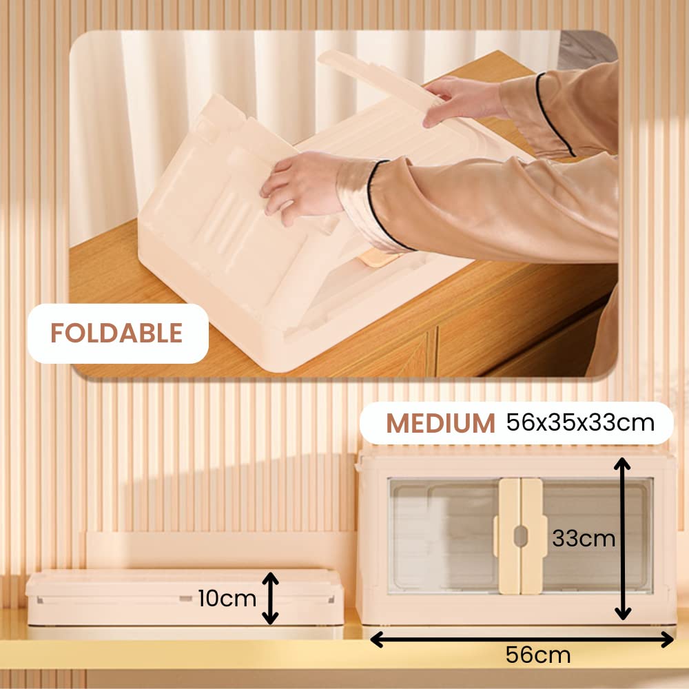 Pack 3 Caja de Almacenamiento Plegable, Contenedor de plástico con Ruedas, Cubo Apilable con Puertas, Organizador para Hogar con Puertas y Tapadera para Habitación, Baño, Cocina, Oficina, Salón