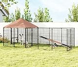 GOWE Large Outdoor Dog Kennel with Rotating & Adjustable Height Bowls, Waterproof & UV-Resistant Canopy, Coffee