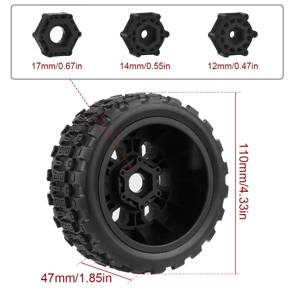 GLOBACT 12mm/14mm/17mm Hex RC Wheels and Tires RC Truck Tires for TRAXXAS Slash 2WD 4x4 Arrma Senton Axial Losi Redcat Rc4wd 1/10 RC Truck Hex Detachable Replacement (Black 4PCS)