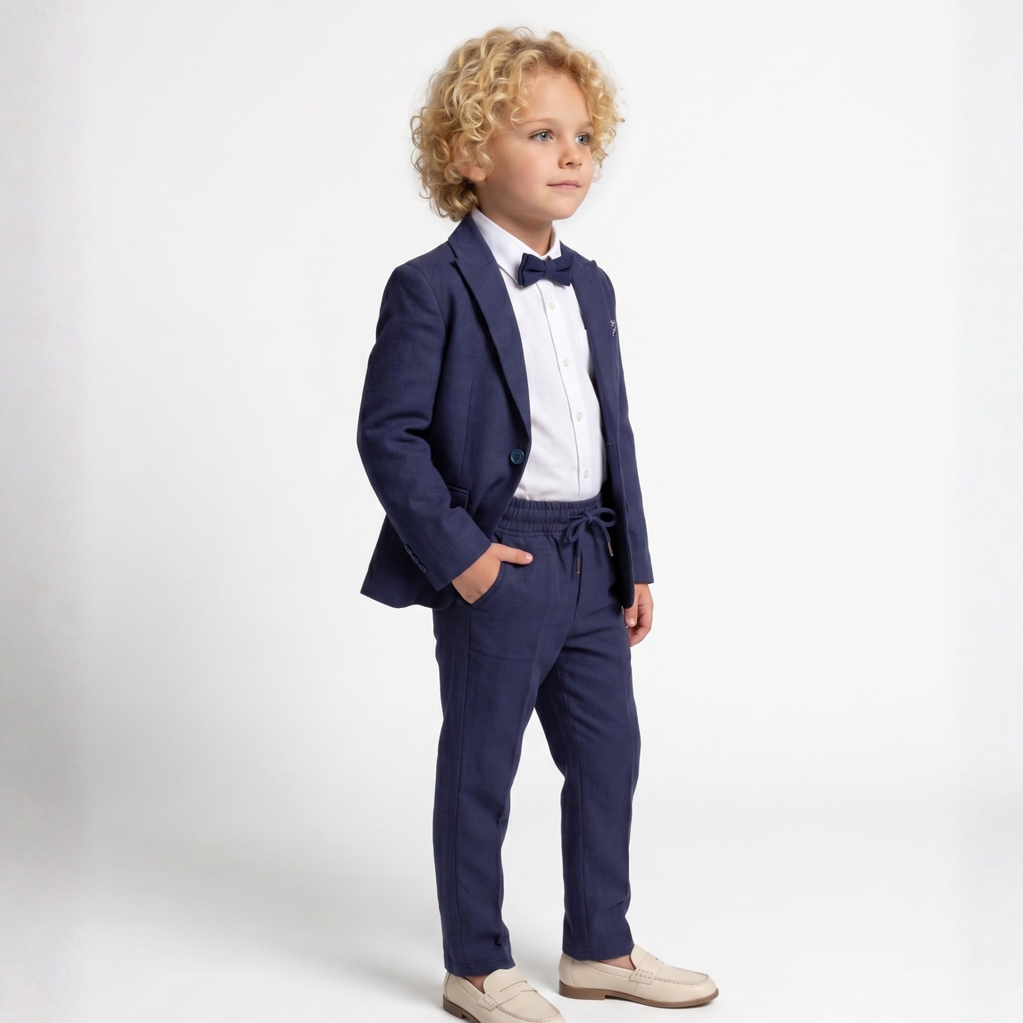 Traje para niños | Conjunto de 4 piezas de tela de licra flexible y cómodo 100% algodón, camisa, pantalones, chaqueta y pajarita | con elastano para fiesta y ropa formal para niños