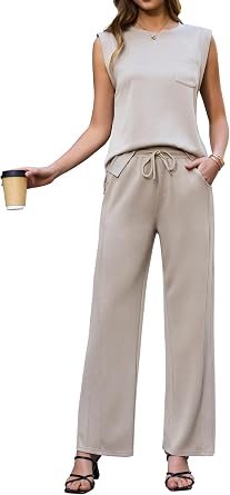 difficort 2 Piece Lounge Sets for Women Round Neck Vest Sleeveless Tops Straight Leg Pants Matching Outfits with Pockets
