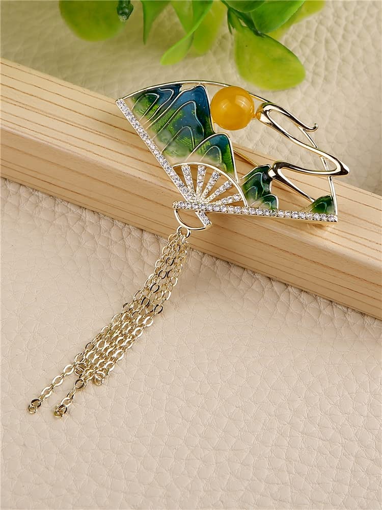 Brosche Pins für Frauen Mode Fan Form Pin grüne Emaille chinesischen Stil Brosche Brosche Schmuck mit Kette, Messing, Zirkonia