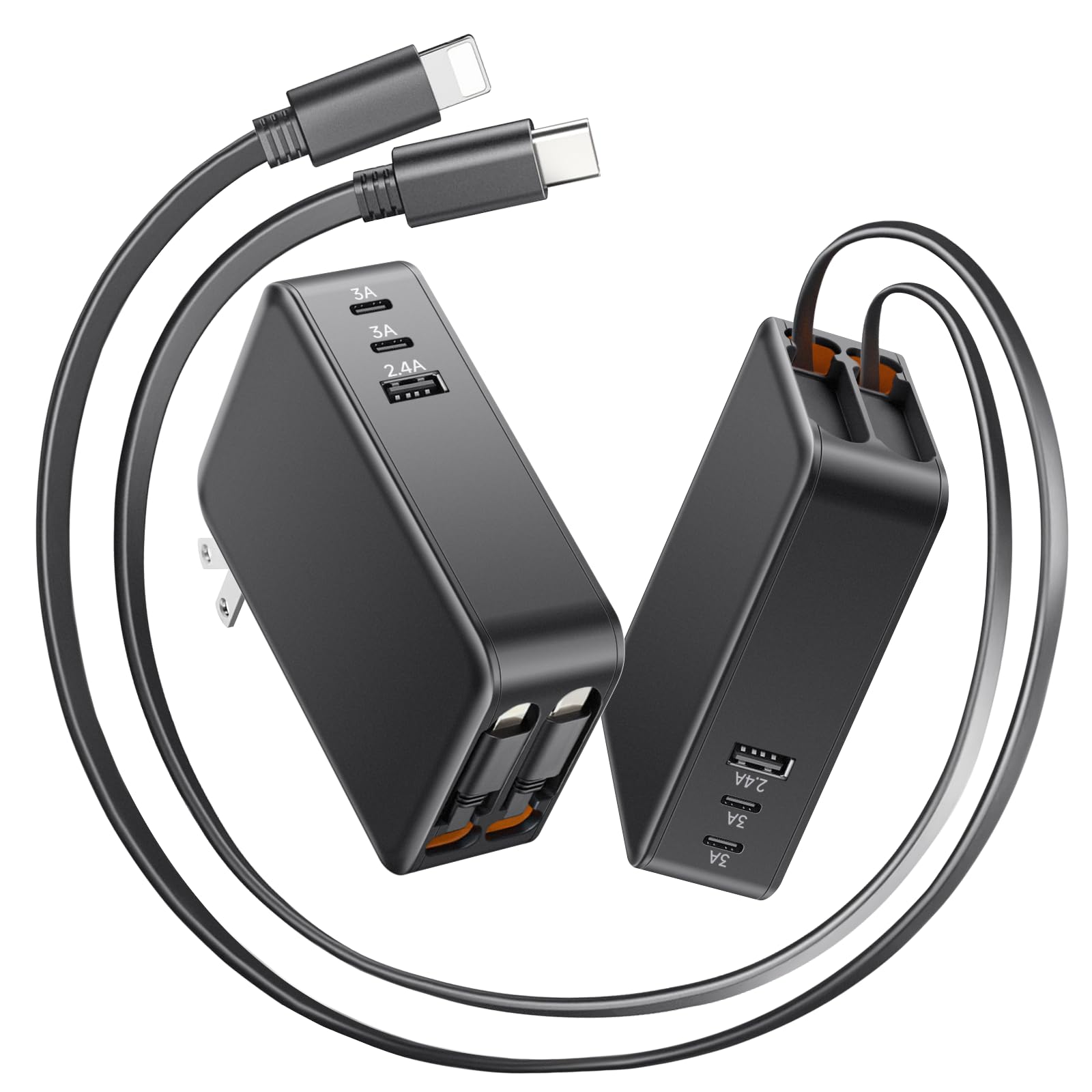 5-in-1 Retractable Wall Charger with Three Ports and 3 9ft Dual Cables 65W Fast Charging USB C Charger