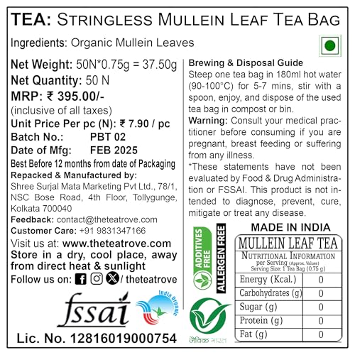 Image of The Tea Trove Herbal Mullein Lung Detox - 50 Pyramid Tea Bags in Resealable Pouch - Caffeine Free Leaf | 37.50 Gram