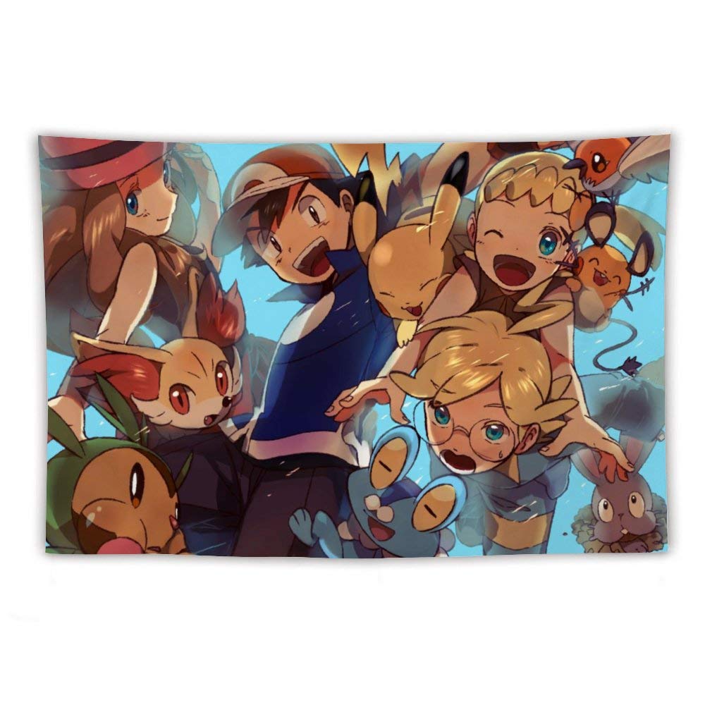 LEWIS CONNOLLY Pokemon XY Ash Serena Clemont Bonnie Cotton Tapestry Wall Hanging Bedding Tapestry Pokemon Tapestries Mural for Bedroom Living Room Dorm Decoration 59"x90.6"