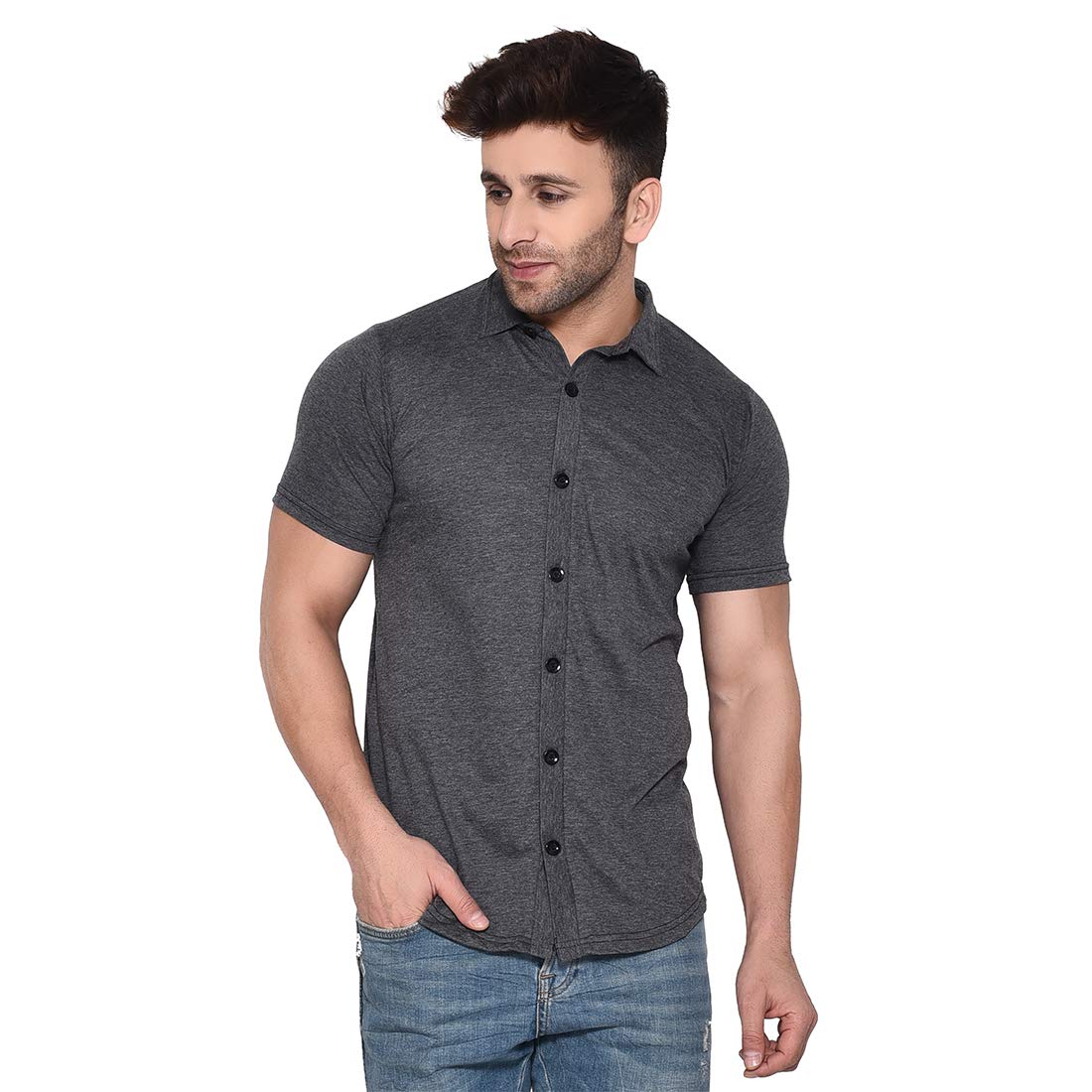 men's plain half sleeve shirt | slim fit cotton blend button down with spread collar – casual & office wear dark grey