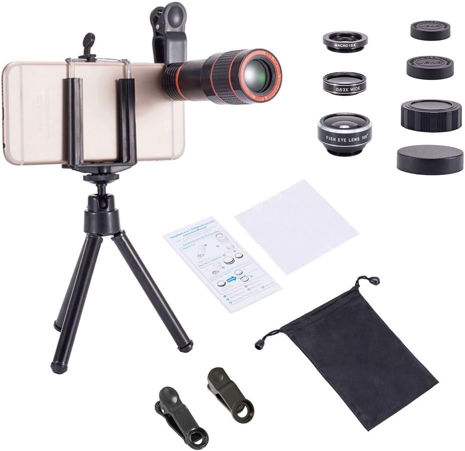 Akinger 4 in 1 Phone Camera Lens, Telephoto Lens + Fisheye + Wide Angle + Macro Lens with Cell Phone Tripod,12X Zoom Telephoto Lens for Smartphone