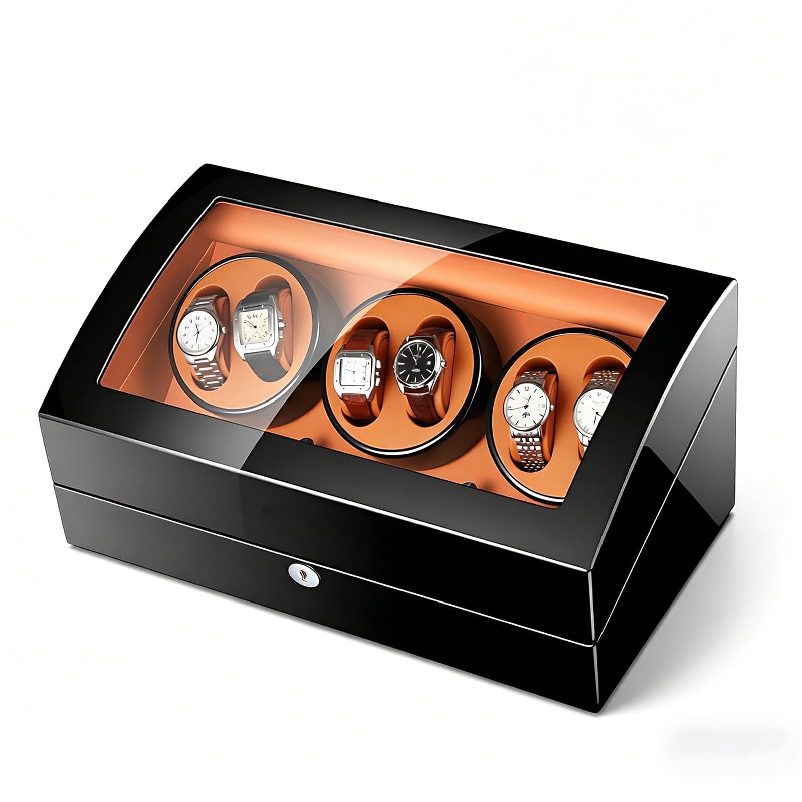 Watch Winder per 6 Orologi con 7 Scomparti, Scatola del Tempo Automatica | In Legno Nero Lucido, Carica Orologi con Motore Silenzioso e LED, Regalo di Lusso Uomo