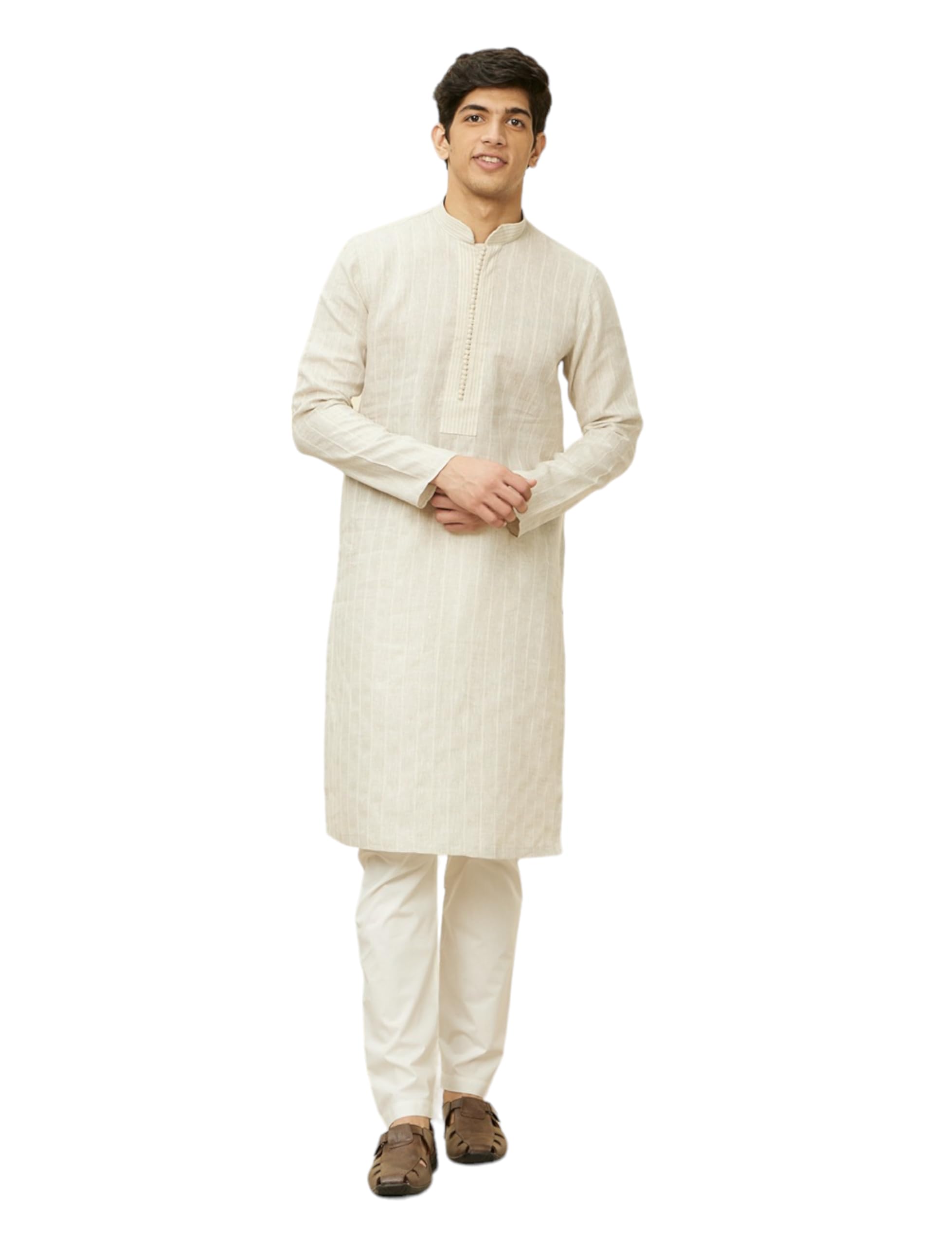 manyavar Men's Linen Solid Kurta Pyjama Set (2pcs)-picture-31