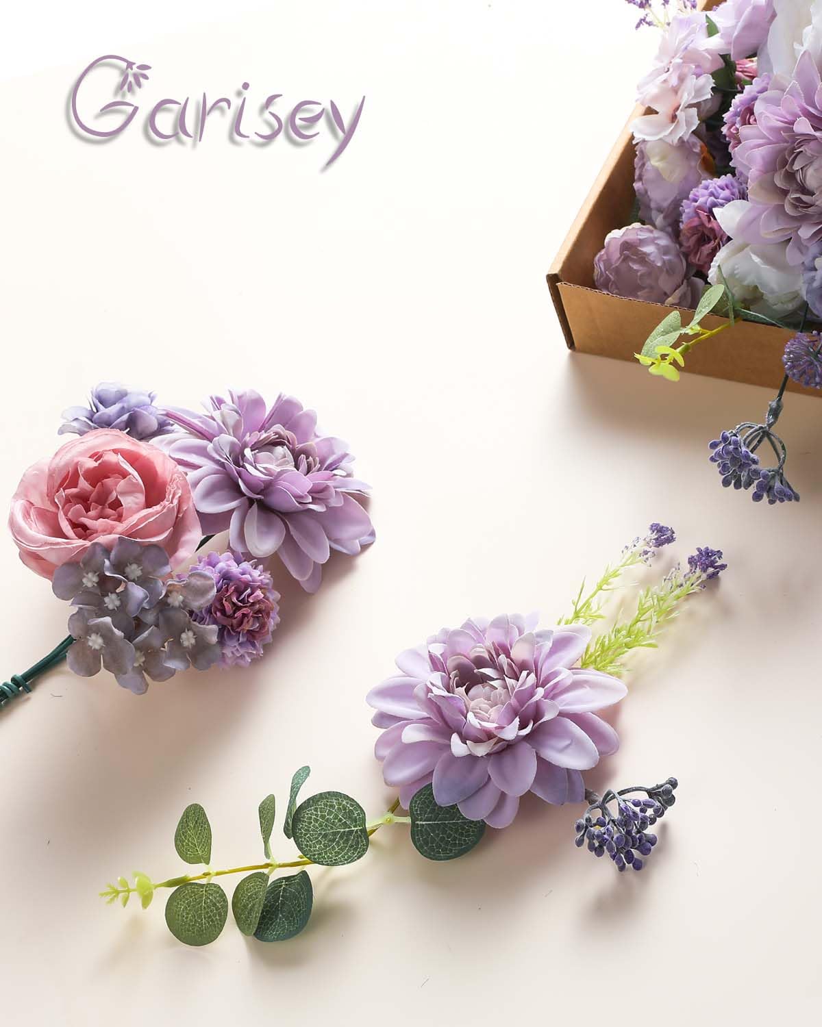 Garisey Künstliche Blumen Kombi-Box Set für DIY Hochzeit Blumenstrauß Arrangements Brautdusche Party Home Dekorationen (Weiß Lila Pfingstrose)