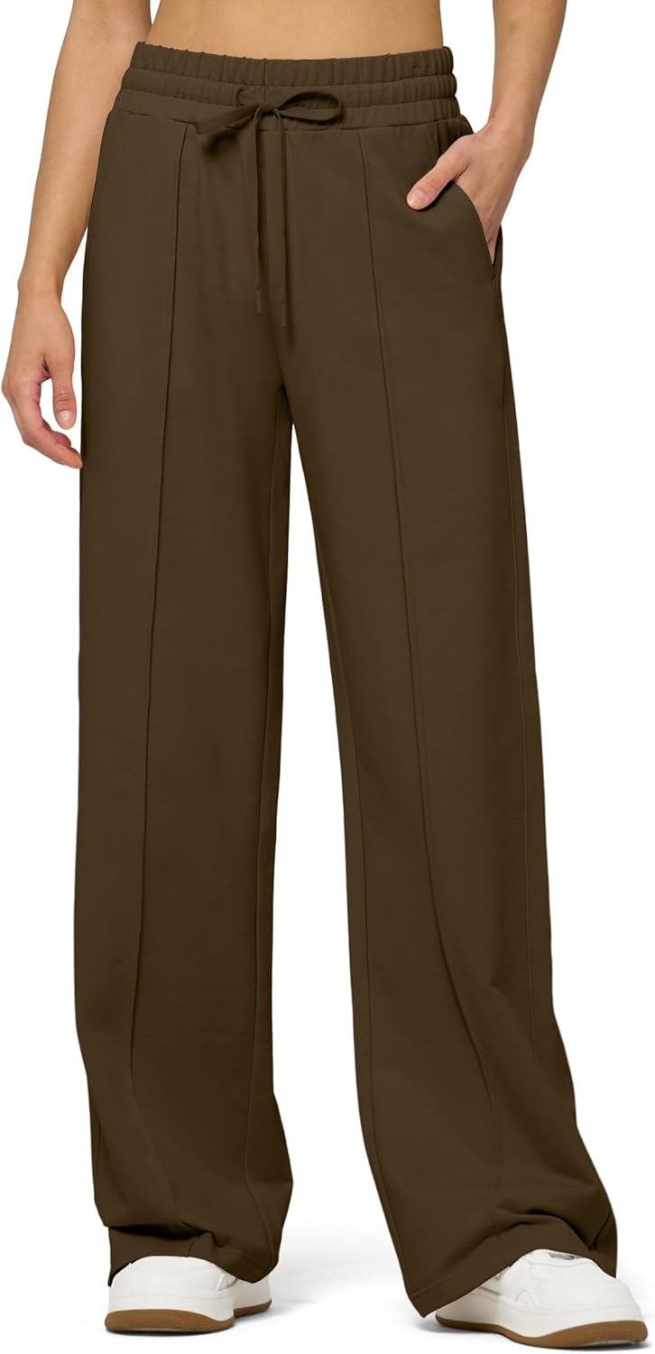 Willit Womens Wide Leg Sweatpant Hight Waisted Baggy Lounge Outside Fashion Pants with Pockets Cotton Casual Athletic Brown XXL 31"