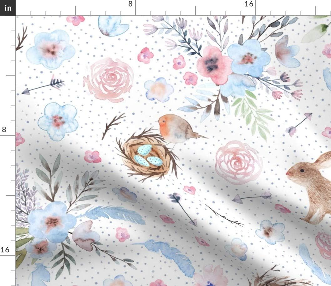 Spoonflower Fabric - Pastel Woodland Watercolor Bunny Rabbit Easter Robins Egg Whimsical Printed on Petal Signature Cotton Fabric by The Yard - Sewing Quilting Apparel Crafts Decor