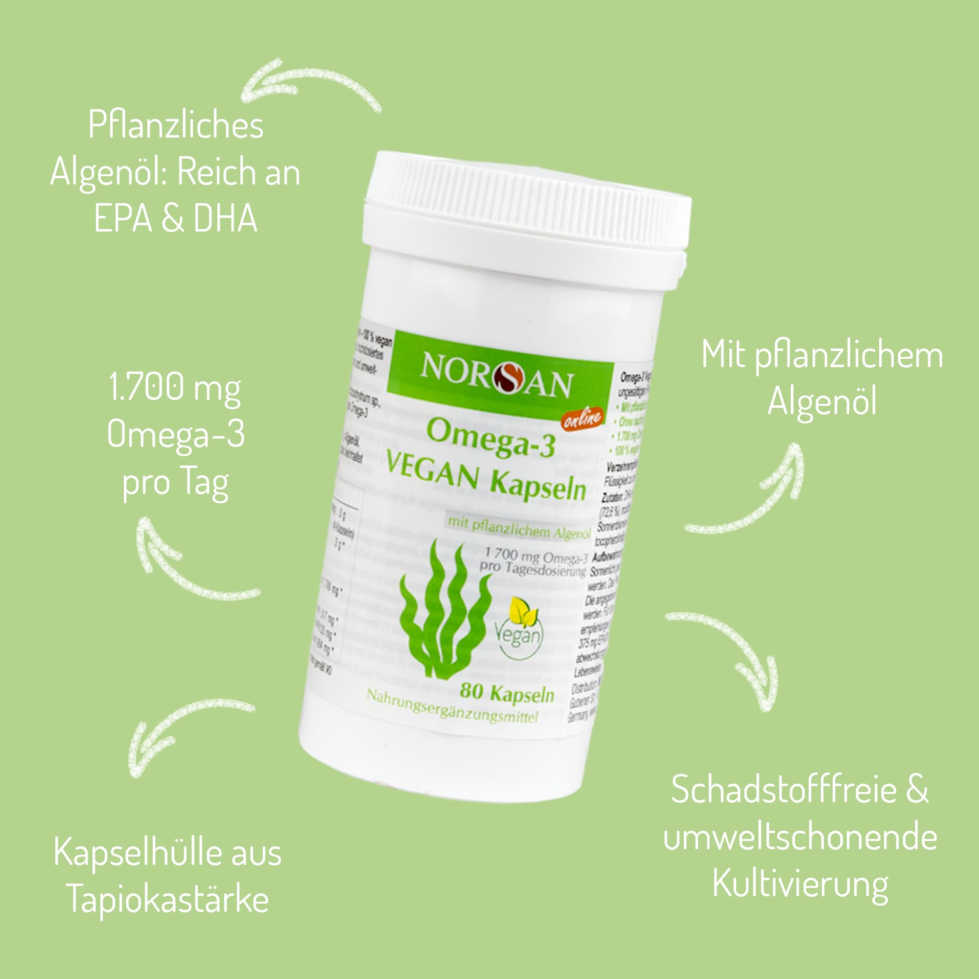 NORSAN Premium Omega 3 Vegan Kapseln 2er Pack (2x 80 Stück) - 1.700mg Omega 3 pro Tagesdosis - vegane Algenöl Kapseln mit hohem EPA- & DHA-Anteil - Algenöl aus nachhaltigem Anbau