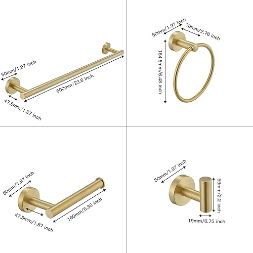 Miniatura 8 de Juego de 5 piezas de accesorios de baño de oro cepillado de 24 pulgadas, juego de toallero de mano de granja y 2 ganchos para toallas, montaje en