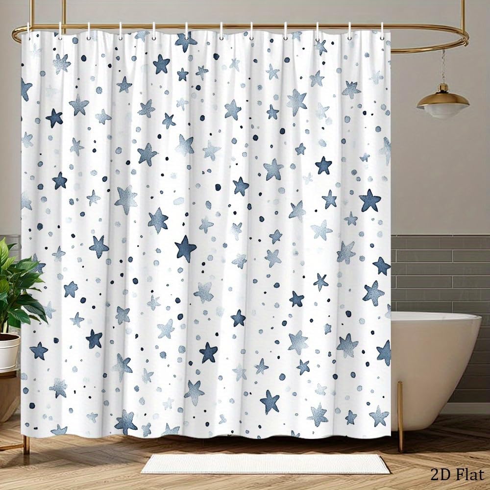 Watercolor Star Dots Shower Curtains - Blue White Bath Curtain Set for Bathroom Bathtub Screen Decor with Hooks Washable 75x67inch/WxH Fabric Shower Curtain