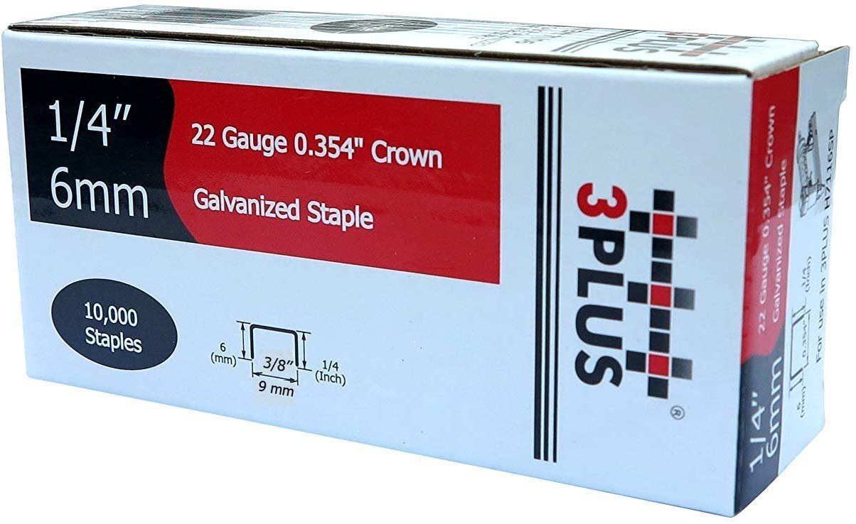3PLUS 71/06 22 Gauge 3/8-Inch (9mm) Crown 1/4-Inch Leg Length Galvanized Fine Wire Staples, Interchangeable with 71 Series Staples (10,000 per Box)