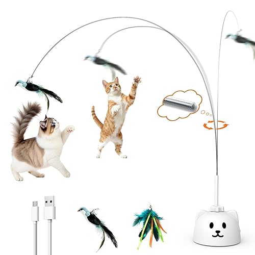 Interactive Cat Toys for Indoor Cats: Upgraded 360ยฐ Automatic Spin Flying Bird Feather Wand with Silicone Protected Rod Safe Play, Strong 8cm Suction Cup, USB-Rechargeable for Bored Kittens and Adult - White