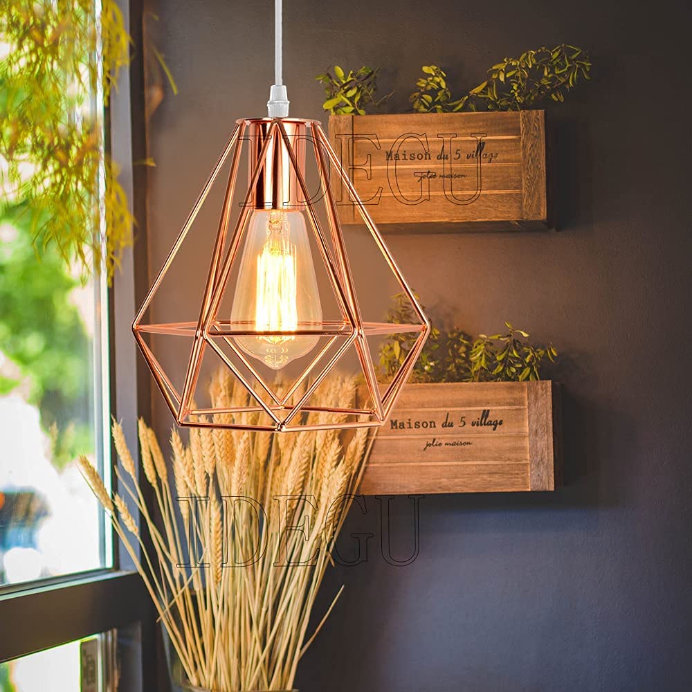 iDEGU 2 Stück Hängelampe Vintage Lampe im Industrie Design Käfig Lampenschirm aus Metall E27 Pendelleuchte Vintage Hängeleuchte für Esszimmer Küche Schlafzimmer Wohnzimmer (25cm, Roségold)
