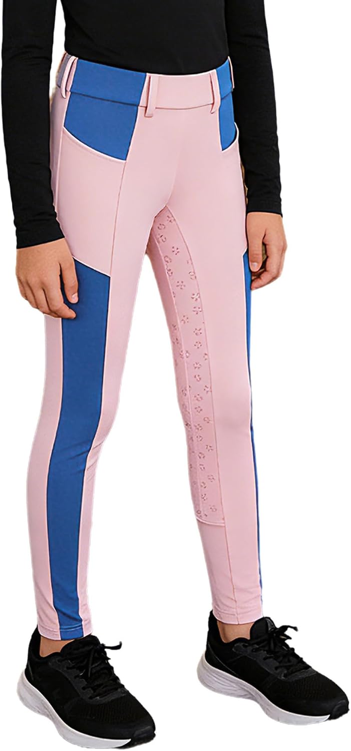 Hansber Kids High Waist Horse Riding Leggings Full Seat Anti-Slip Equestrian Tights with Pockets