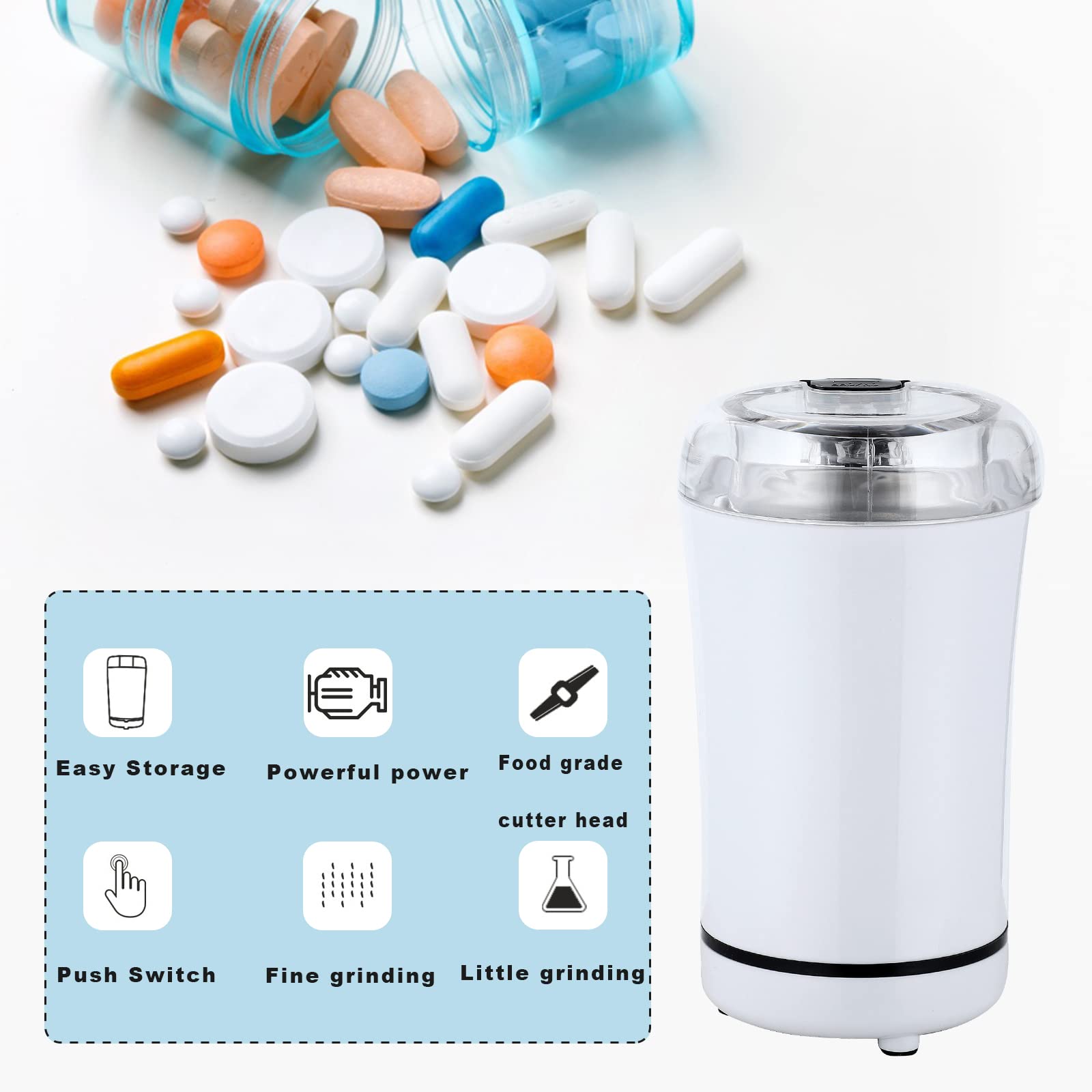 Tritapillole elettrico multifunzionale: macina medicine e vitamine di diverse dimensioni in polvere per anziani, bambini o animali domestici, tagliapillole per pillole piccole o grandi (bianco)