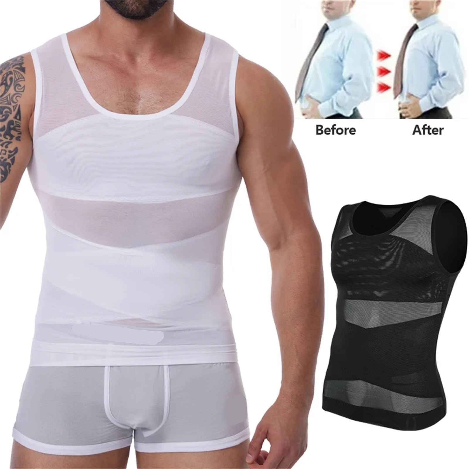 Body Shaper Weste für Männer Kompressionsshirt for Herren, Schlankheitsunterhemd, Body Shaper, Tanktop, ärmellos, Shapewear-Weste, Mesh-Cross-Anzug Für Fitness geeignet(2 PCS White,M)