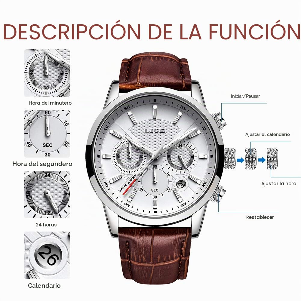 LIGE Relojes Hombre Cronógrafo Analógico Cuarzo 3bar Impermeable Pulsera de Cuero Deporte Watch Business Casual Relojes de Pulsera Regalo Elegante Marrón Blanco