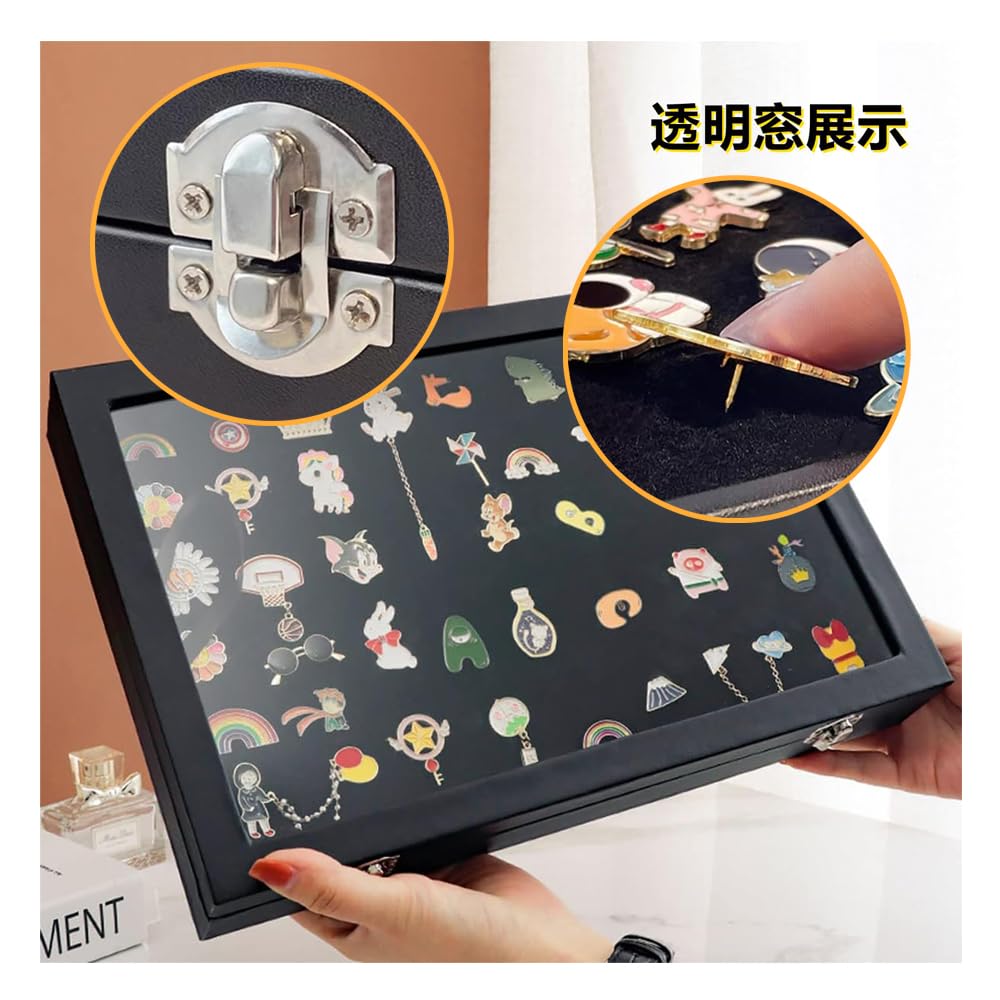 ピンバッジ収納ケース 透明窓付き ピンズ・バッジ・メダル収納 ベルベット素材 防塵 展示ケース コレクションボックス (L) - 5