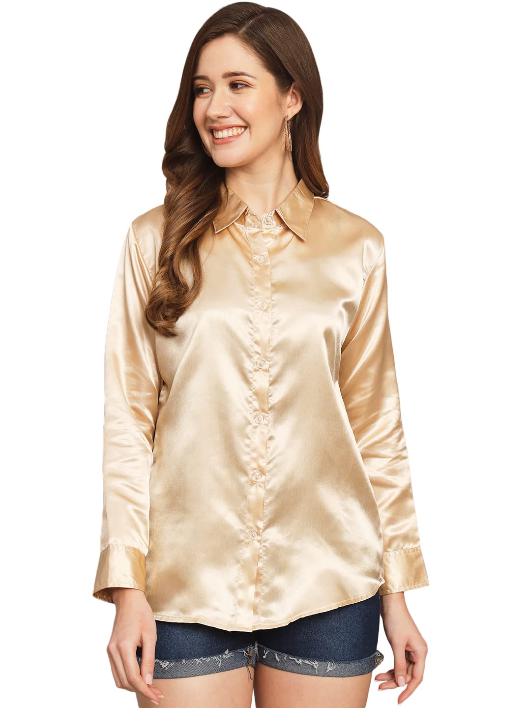 funday fashion Women Solid Casual Satin Shirt (in, Alpha, S, Regular, Golden)-picture-24