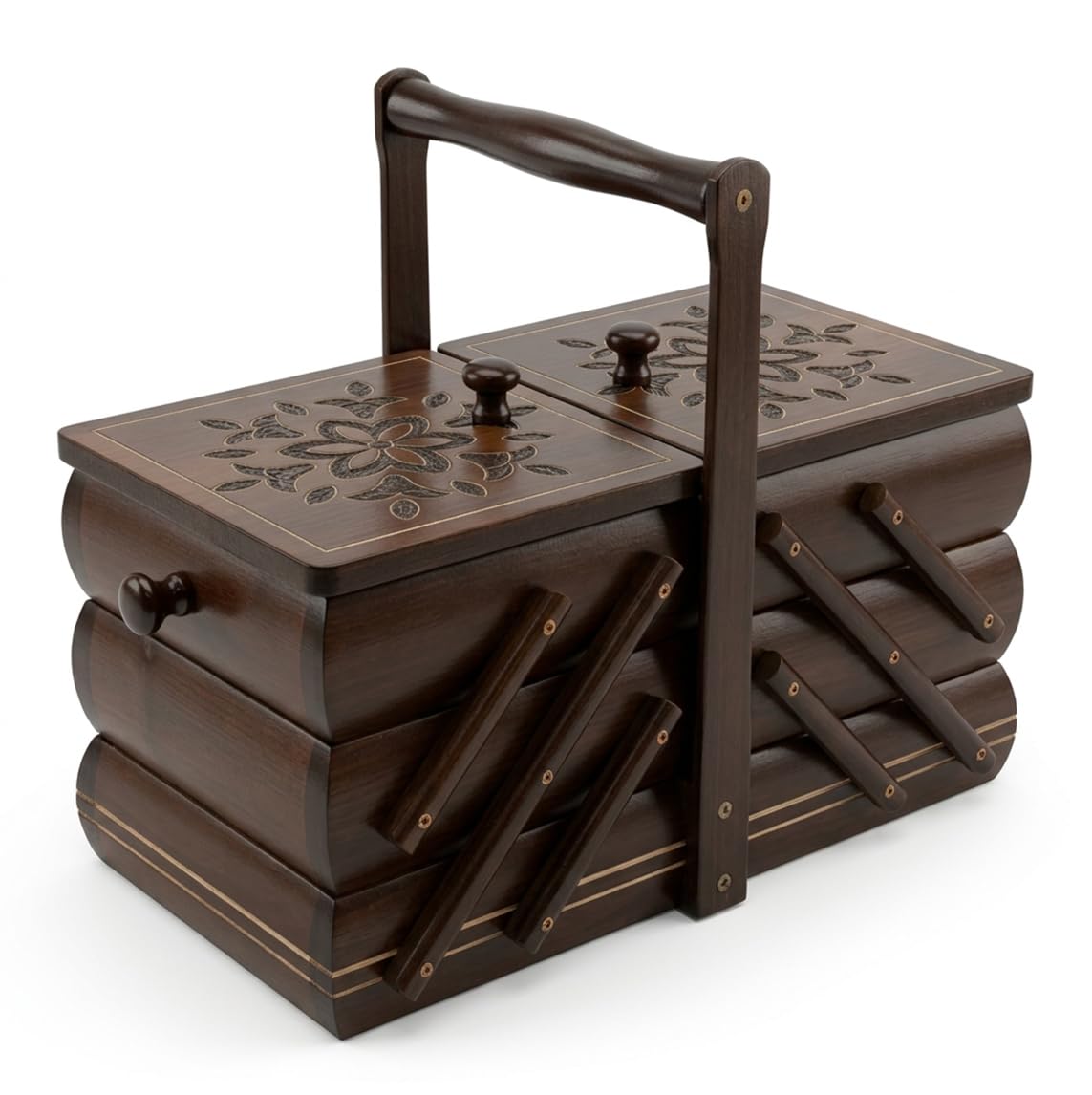 NICIARKA DREWNIANA rozkładana kuferek krawiecki organizer 34x18x26 cm brąz