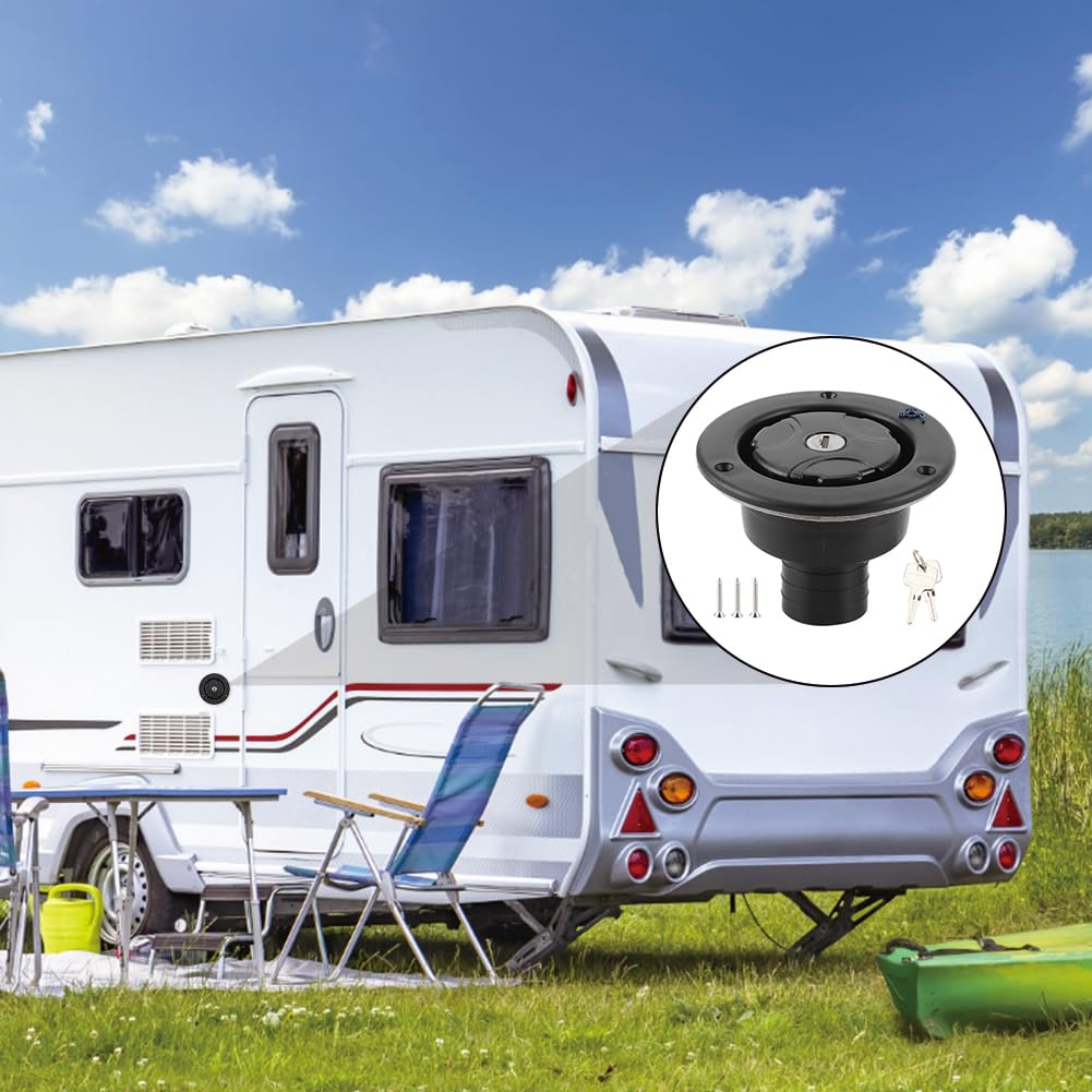 Abschließbarer Wassertankdeckel für Wohnwagen, Wohnmobile, Anhänger | Wasser Einfüllstutzen 80mm Tiefe ID 38mm Wasserleitungen 30-40mm Türschild 2 Schlüssels UV-Beständig Kunststoff Schwarz