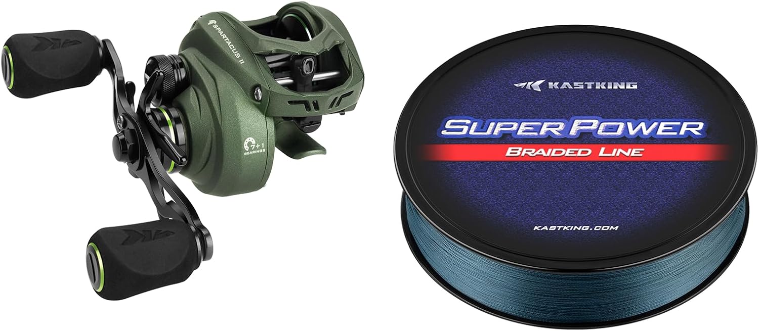 KastKing Spartacus II Baitcasting Reel,Stryker Green,Right Handed & KastKing Superpower Braided Fishing Line, Gray, 15 LB, 150 Yds