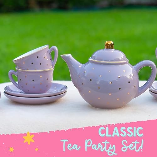Miniatura 4 de Juego de té de porcelana para niñas, juego de fiesta de té de lunares de lavanda y oro para niños, completo juegos de té para niños con funda de