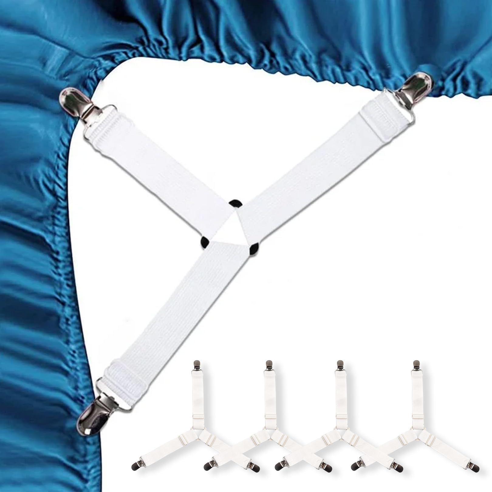 Fnsighd White 4 Pcs Bed Sheet Clips, Sheet Clips For Bedding,Triangle Fitted Sheet Clips,Adjustable Bed Sheet Grippers,Elastic Straps Bedsheet Clip,Anti-Slip Fitted Sheet Straps,For Bedding,Keepers