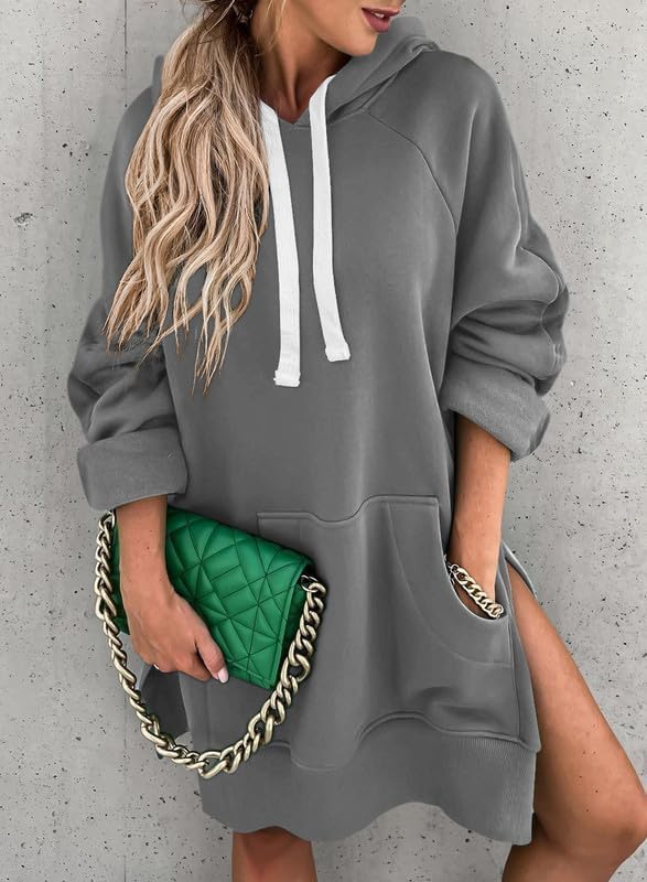 Miniatura 7 de SHEWIN Vestido Sudadera Casual de Talla Grande para Mujer, Manga Larga, Dobladillo Dividido, con Cordón Ajustable, con Bolsillo Canguro