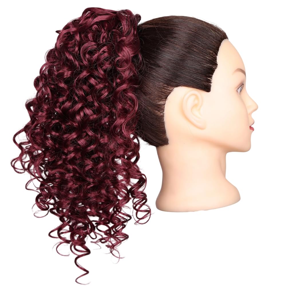 Xiaofeng Spring Curly Ponytail Hairpiece Drawstring Synthetic Ponytail Extension for Women and Girls Daily Use (Burgundy, 12 Inches)