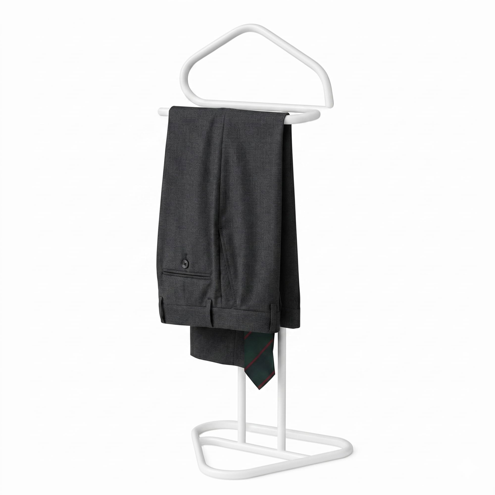 Generico Homea Servo Muto da Camera in Metallo Indossatore Appendiabiti da Terra Salvaspazio - 43,5x36x110,5cm - Omino Porta Abiti con Design Moderno, Stand per Giacche, Pantaloni e Camicie (Bianco)