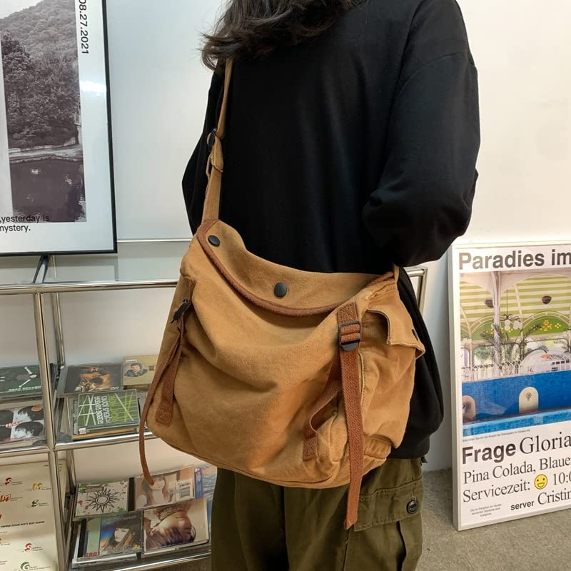 Image of Womens Mens Crossbody Bag Canvas Messenger Bag for School Aesthetic Hobo Bag Vintage Harajuku Hippie Shoulder Bag (Brown)