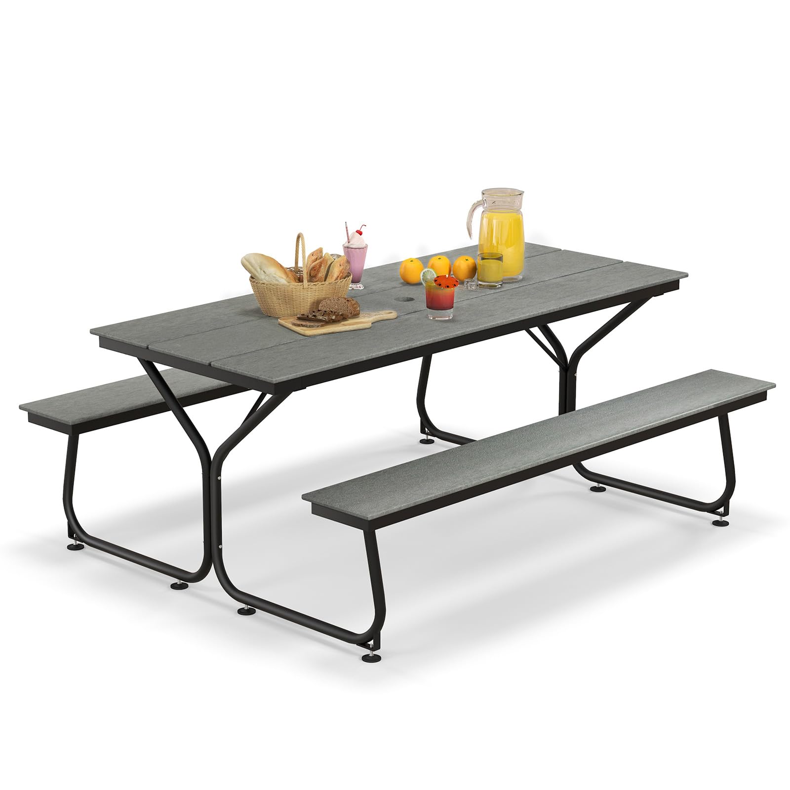 COSTWAY 183CM Large Picnic Table Bench Set, Outdoor Dining Table and 2 Benches with All-Weather HDPE Tabletop, Umbrella Hole & Anti-slip Pads, Heavy Duty Camping Table Sets for Garden BBQ (Grey)