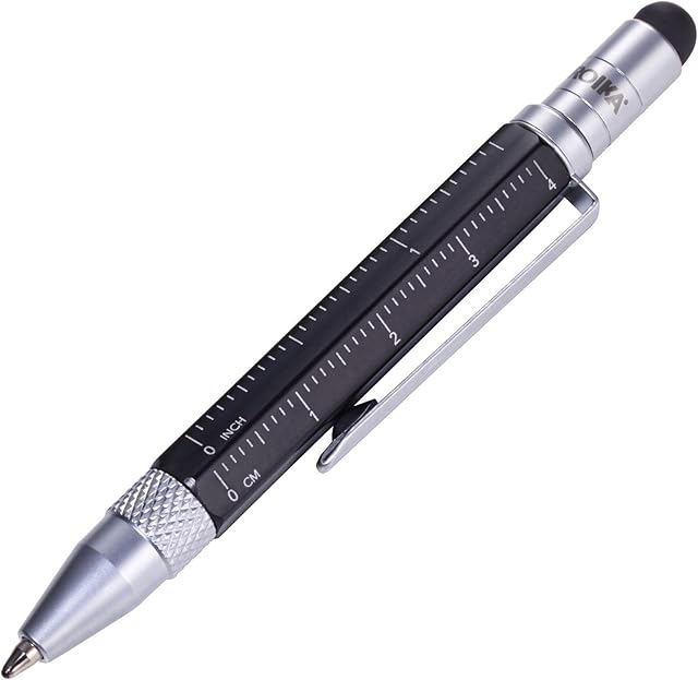 TROIKA Construction Liliput - PIP25/BK - Multitasking Ballpoint Pen (Small) - Tool Pen - Centimeter/Inch Ruler - Slotted/Phillips Screwdriver - Stylus (Black) - Troika Original