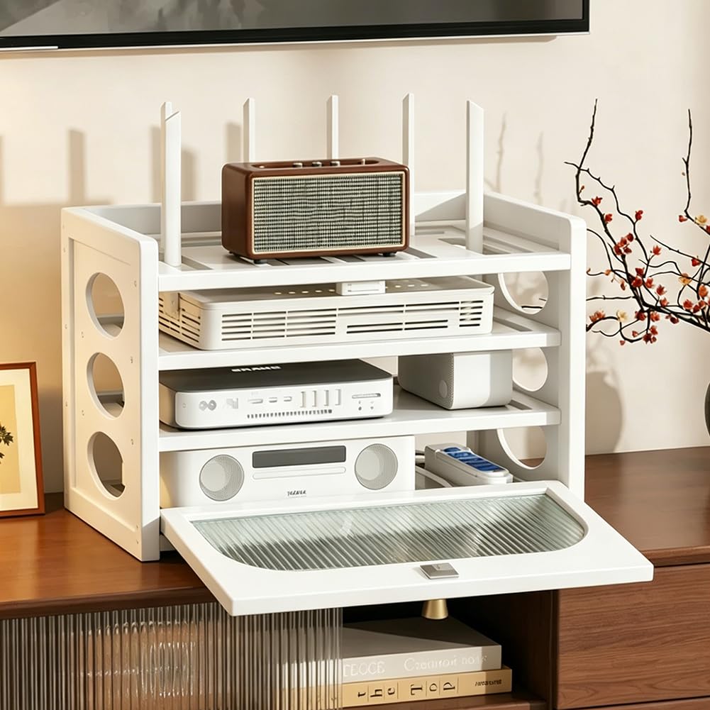 HEFJIAYCIQ Wooden Router Box Hider, Perforated Cooling Wifi Cable Storage Box, for Home Power Strip Cable Organization,White,40.5x20x28cm