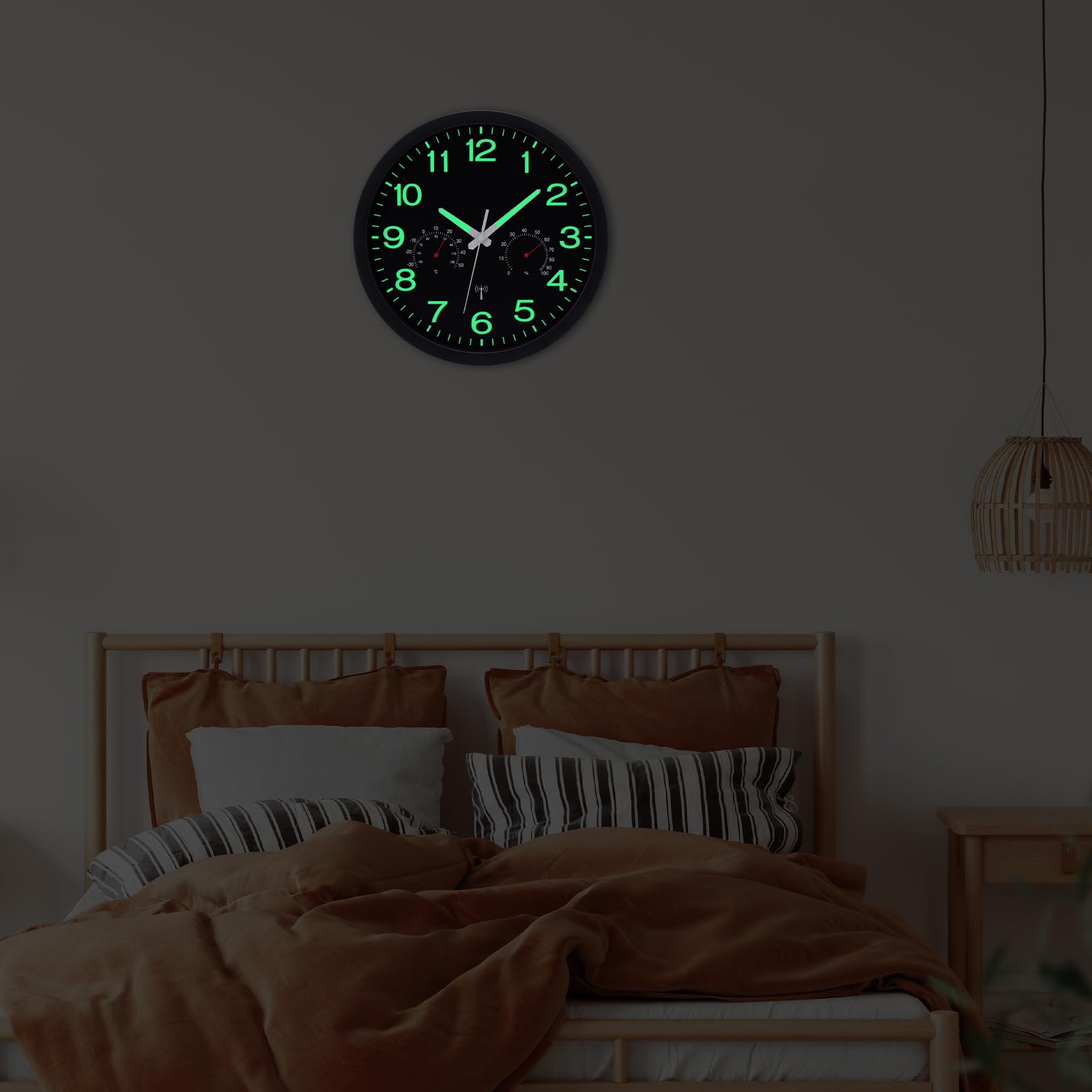 VIVILINEN Orologio da parete radio luminoso con indicatore di temperatura e umidità, orologio da parete senza rumore, moderno, per soggiorno, cucina, camera da letto, ufficio